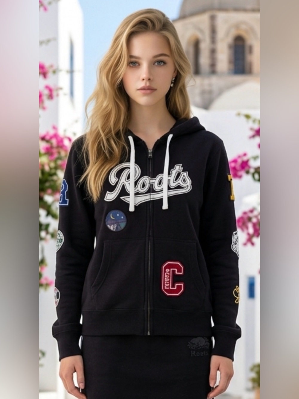 Rare Roots Black Zip Hoodie with White Drawstrings and Patch Accents